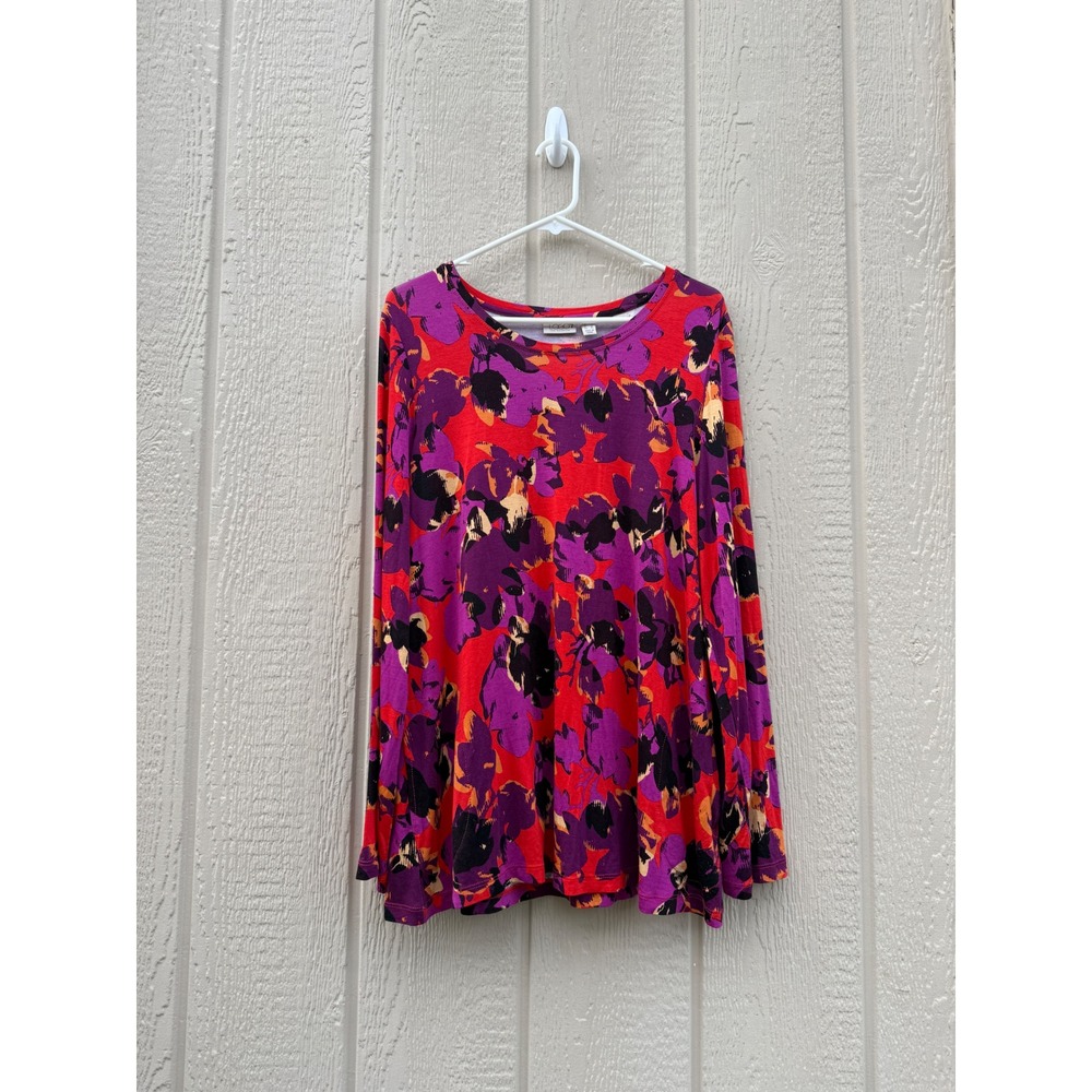 LOGO Lori Goldstein Large Top Floral Abstract Rayon Spandex Long Sleeve